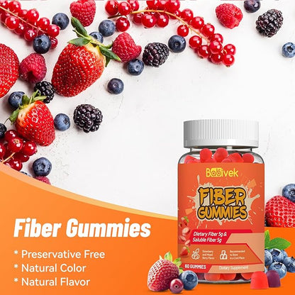 Fiber Gummies for Women and Men – Dietary Fiber, Gut Health Support, Vegan, Non-GMO, Non-Gluten, Mixed Berry & Strawberry Flavors, 60 Count(Pack of 2)