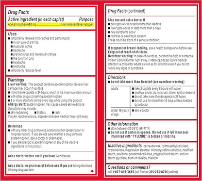 Tylenol Acetaminophen 650 mg Extended Release Caplets, Fast, Strong Pain Relief, 8 Hour Arthritis Pain Relief, Joint Pain Reliever & Fever Reducer, Long-Lasting Relief, Oral Medicine, 225 Count