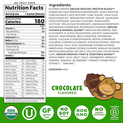 Orgain Organic Kids Nutritional Protein Shake, Chocolate, Healthy Kids Snacks, 8g Dairy Protein, 3g Fiber, 22 Vitamins & Minerals, No Soy Ingredients, Gluten Free, Non-GMO, 8.25 Fl Oz (Pack of 24)
