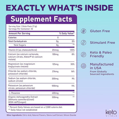 Keto Vitals Calm Magnesium Powder Packets Plus Electrolytes - Calming Drink Mix for Sleep - Natural Magnesium Glycinate Supplement with Ashwagandha KSM 66, L Theanine & Vitamin D - 30 Servings