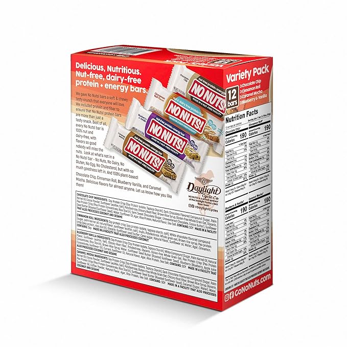 No Nuts! Protein Bar Variety Pack – 12 Count | Nut-Free & School-Safe | Chocolate Chip, Caramel Mocha, Cinnamon Roll & Blueberry Vanilla | Dairy-Free, Vegan, Non-GMO, Organic, Kosher