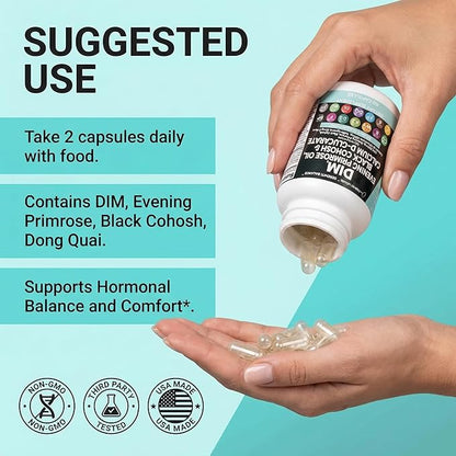 Clean Nutraceuticals DIM Evening Primrose Black Cohosh Calcium D-Glucarate Sulforaphane Flax Seed Extract - Hormonal Support Vitamins for Women with Dong Quai - 60 Caps