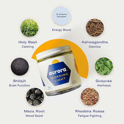 Morning Light, All-Natural Brain Booster, Immune Booster, and Energy Supplement, with Ashwagandha, Holy Basil, Maca Root, and Vitamin B Complex, 60 Capsules - Aurora
