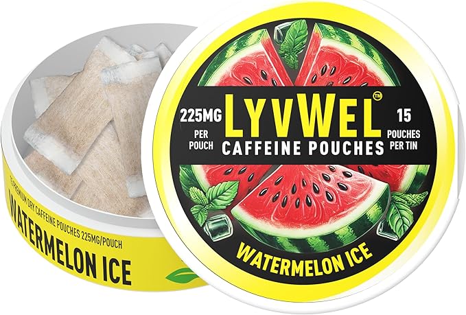 LyvWel Ultra Caffeine Pouch – Watermelon – 225mg Natural Caffeine with Guarana – Juicy Energy Boost for Focus & Hydrated Vibes – 1-Pack (15 Pouches)