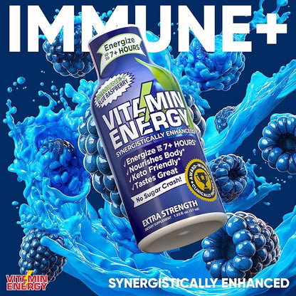Vitamin Energy Immune+ Extra Strength Energy Shot Blue Raspberry 24 Pack, 260mg Natural Caffeine, B-Vitamins, Citicoline, Green Tea, Immunity & Focus Support, Zero Sugar, Gluten-Free 1.93 fl oz