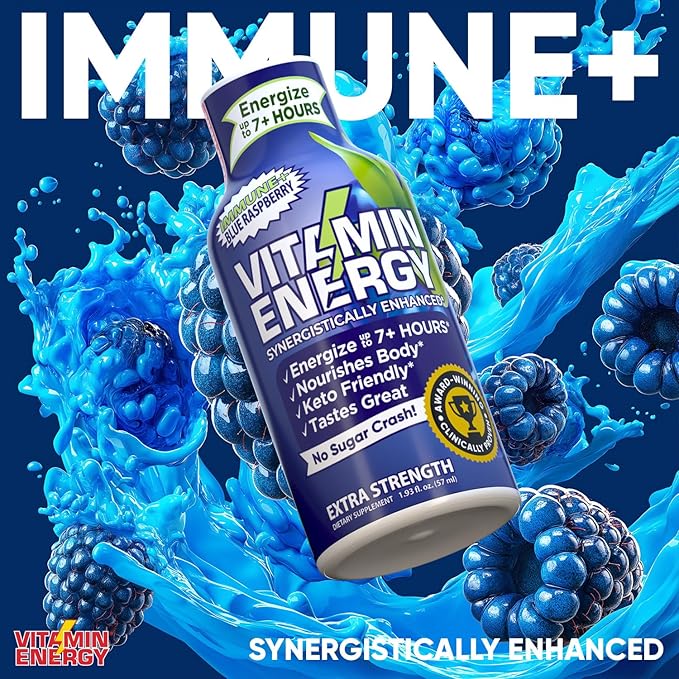 Vitamin Energy Immune+ Extra Strength Energy Shot Blue Raspberry 10 Pack, 260mg Natural Caffeine, B-Vitamins, Citicoline, Green Tea, Immunity & Focus Support, Zero Sugar, Gluten-Free 1.93 fl oz