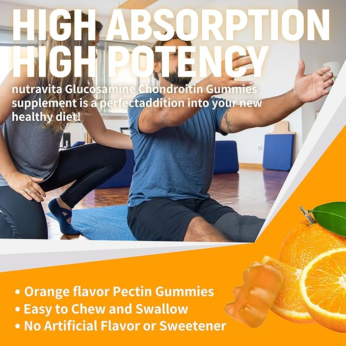 Nutravita Glucosamine Chondroitin Gummies with MSM & Elderberry Extra Strength - Joint Support, Antioxidant Immune Support Supplement for Adults, Men & Women.60 Orange Chews