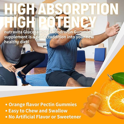 Nutravita Glucosamine Chondroitin Gummies with MSM & Elderberry Extra Strength - Joint Support, Antioxidant Immune Support Supplement for Adults, Men & Women.60 Orange Chews