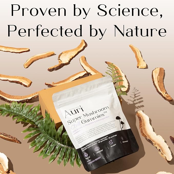 Auri Nutrition Super Mushroom Chill Gummies - Natural Calming Aid & Stress Reduction Supplement for Adults w/Reishi Mushroom, Ashwagandha, L-Theanine- Unwind Mind & Harmonize Your Day- 60 Calm Gummies
