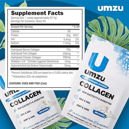 UMZU zuCollagen Multi Collagen Protein Powder, Unflavored – 5 Collagen Types I II III V X – High Protein Low Calorie Supplement for Hair Growth Skin Elasticity Joint Health and Daily Recovery Support