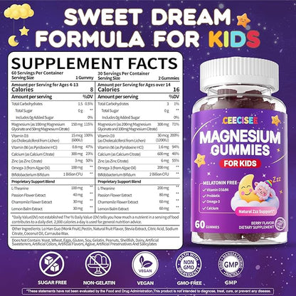 Magnesium Gummies Supplement for Kids 4+: Organic Chewable Supplement with Citrate Magnesium VitaminB6 D3 Zinc L-Theanine - Extra Strength Zzz Aid Overall Health Support for Kids(120Count)