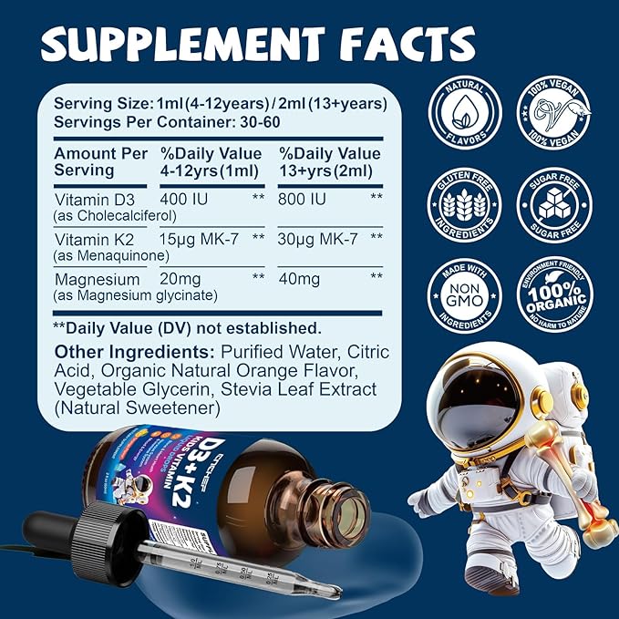 2PCS Vitamin D3 K2 Drops for Kids - Liquid Supplement with Magnesium for Calcium Absorption, Joint Health, Teeth & Heart - Non-GMO, Vegan, Orange, 4 Fl Oz - Kids Ages 4+