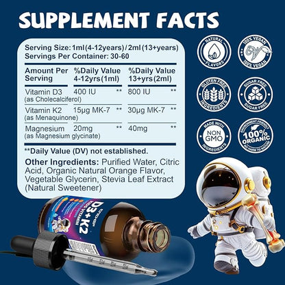 2PCS Vitamin D3 K2 Drops for Kids - Liquid Supplement with Magnesium for Calcium Absorption, Joint Health, Teeth & Heart - Non-GMO, Vegan, Orange, 4 Fl Oz - Kids Ages 4+