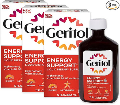 Geritol Liquid Vitamin and Iron Supplement, Energy Support, Contains High Potency B-Vitamins and Iron, Pleasant Tasting, Easy to Swallow, No Artificial Sweeteners, Non-GMO, 12 Oz, 3 Pack