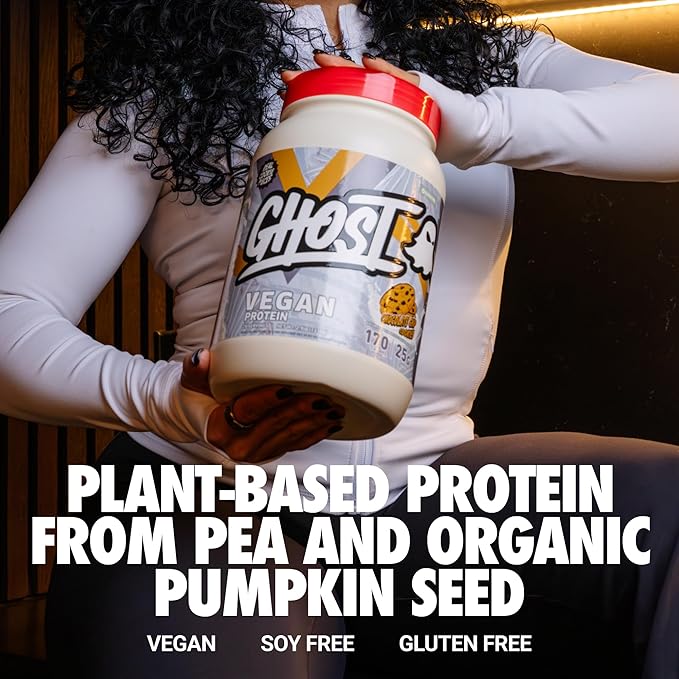 GHOST Vegan V2 Protein Powder, Chocolate Chip Cookies – 2.9LB Tub, 25G of Protein - Plant-Based Pea & Organic Pumpkin Blend Protein with Fiber & Iron - Flavored Post Workout Shakes - Soy, Gluten Free