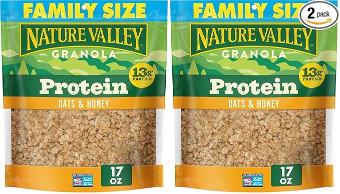 Nature Valley Protein Granola, Oats and Honey, Family Size, Resealable Bag, 17 OZ (Pack of 2)