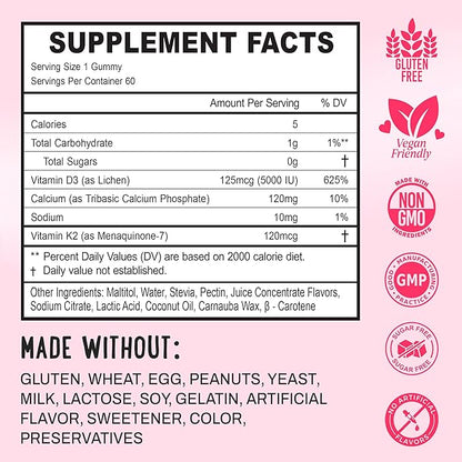 OH MY CHEWY Double-Flavored Vitamin D3 K2 & Calcium Fluffy Gummies - Supplement for Healthy Teeth, Bone & Energy - 5000 IU D3, 120 mcg K2(MK-7), 120 mg CA - Vegan & Non-GMO - 60 Count