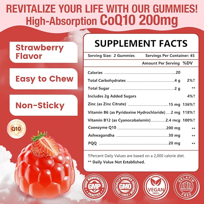 NATURE TARGET CoQ10 Gummies 200mg – High Absorption Coenzyme Q10 Supplements for Heart, Energy & Antioxidant with PQQ，Zinc & Ashwagandha, Strawberry Flavor, 90 Count
