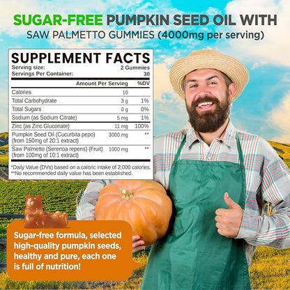 Pumpkin Seed Oil Gummies with Saw Palmetto, Pumpkin Seed Oil Extract for Hair Growth & Prostate Health, Cold-Pressed Supplements for Women Men, Vegan, Sugar Free, Lemon, 60 Chewable