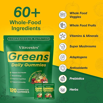 Greens Daily Gummies, Super Greens Gummies for Adults Superfood Multivitamin Gummy with Spirulina, Chlorella, Prebiotic Fiber, Fruit Veggie for Digestive & Gut Health, Adaptogens Supplement, 120 Count