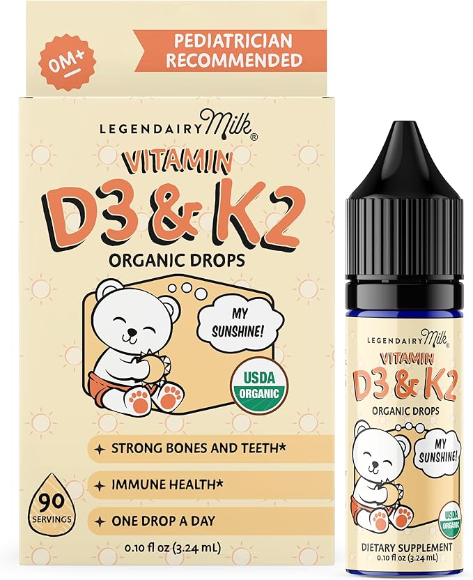 Legendairy Milk Vitamin D Drops for Infants, Organic Baby Vitamin D3 K2 Liquid 400 IU, Vegan for Newborns Toddlers & Kids, Childrens Supplement for Strong Bones & Teeth, Sugar Free, 90 Servings