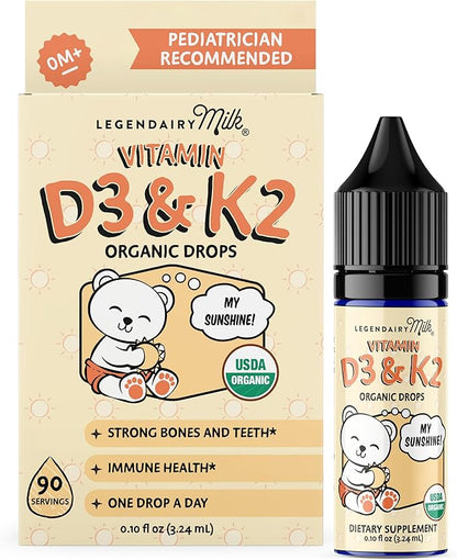 Legendairy Milk Vitamin D Drops for Infants, Organic Baby Vitamin D3 K2 Liquid 400 IU, Vegan for Newborns Toddlers & Kids, Childrens Supplement for Strong Bones & Teeth, Sugar Free, 90 Servings