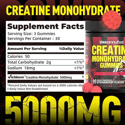 Wekannufod Creatine Monohydrate Gummies for Men & Women,5000MG Creatine Gummy Sugar Free. Boost Focus,Strength, and Endurance, Anti-Melting Formula, Vegan, Gluten-Free, Non-GMO,(Strawberry 90 ct)