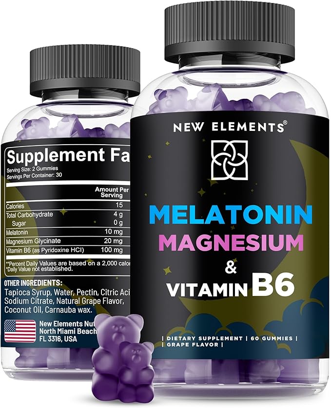 New Elements Melatonin Gummies 10mg with Magnesium Glycinate & Vitamin B6 | Sleep Support, Relaxation & Stress Relief | Non-GMO, Gluten-Free | Great-Tasting | Natural Grape Flavor