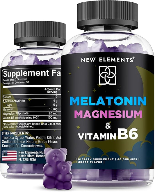 New Elements Melatonin Gummies 10mg with Magnesium Glycinate & Vitamin B6 | Sleep Support, Relaxation & Stress Relief | Non-GMO, Gluten-Free | Great-Tasting | Natural Grape Flavor