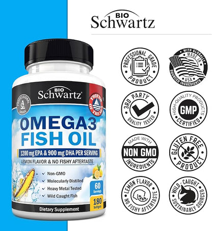 Triple Strength Omega 3 Fish Oil 3000mg - High Potency Omega 3 Supplement for Women and Men, Burpless Lemon Flavor Fish Oil - 2250mg Essential Fatty Acids with DHA & EPA, Wild Caught, 180 Softgels