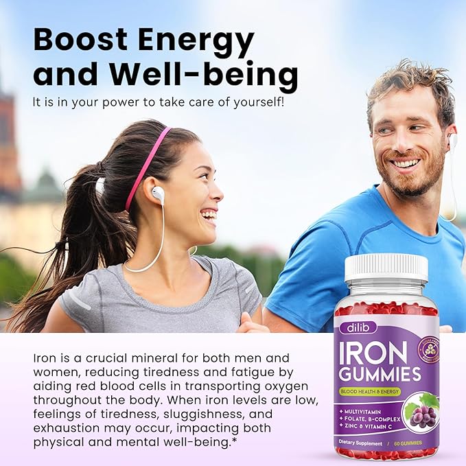 Iron Gummies with Multivitamin, Iron Supplement for Women & Men with Zinc, Vitamin B Complex & C, B12, Folate - Blood Builder & Energy Support for Adults & Kids - Grape Flavor, Vegan 60 Gummies
