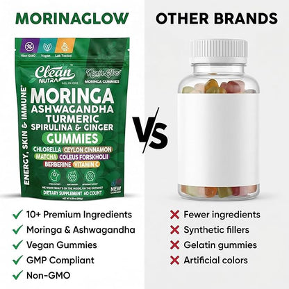 Clean Nutra Moringa Gummies | Pure Moringa Powder Supplement + Ashwagandha Turmeric Spirulina & Ginger Energy, Skin, Immune & Gut Health Green Superfood - Moringa Capsules Alternative
