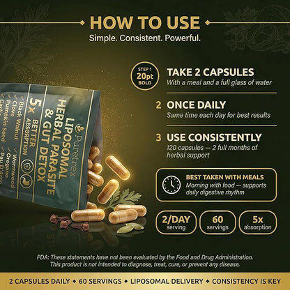 Liposomal Herbal Parasite & Gut Detox, 120 Capsules, 5X Better Absorption, with Black Walnut, Wormwood, Clove, Pumpkin Seed, Garlic, Oregano, PAU D'Arco, Papaya