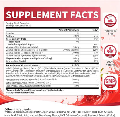 2 Pack Potassium Magnesium Gummies, Sugar Free Potassium Supplement Magnesium Glycinate 500mg, Ashwagandha, Vitamins D3, C, B6, Calcium & Zinc for Sleep, Leg Cramps & Muscle Relaxation-120 Count
