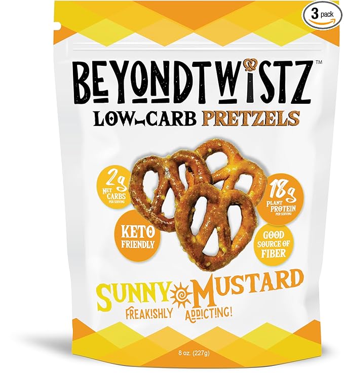 BeyondTwistz Low Carb Pretzels, Sunny Mustard, Keto Friendly, 2g Net Carbs, 18g Protein, Powered By HealthSense® High Fiber Wheat Flour, Family Size 8oz Bag, Pack of 3