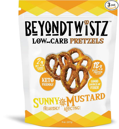 BeyondTwistz Low Carb Pretzels, Sunny Mustard, Keto Friendly, 2g Net Carbs, 18g Protein, Powered By HealthSense® High Fiber Wheat Flour, Family Size 8oz Bag, Pack of 3