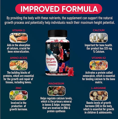 Jadee Height Growth Gummies for Teens & Kids Calcium 325mg, Teen Vitamins D3,K2,C, Magnesium, Ashwagandha, Zinc, L-Arginine - Bone Healthy Growth, Development & Strength - Height Increase & Immunity