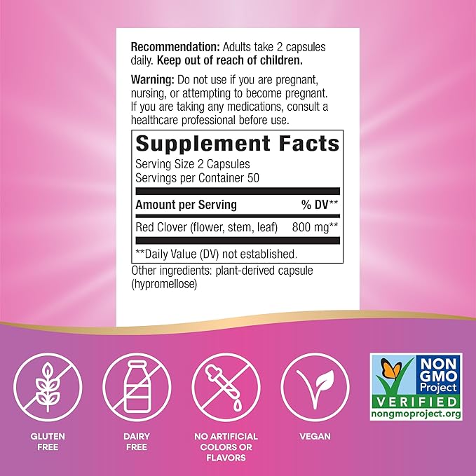Nature's Way Red Clover Blossom Herb, Traditional Health Support for Women*, 800 mg per 2-Capsule Serving, Non-GMO Project Verified, Red Clover Supplement, 100 Vegan Capsules (Packaging May Vary)