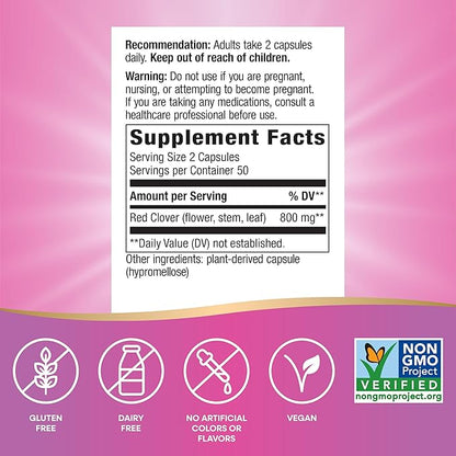 Nature's Way Red Clover Blossom Herb, Traditional Health Support for Women*, 800 mg per 2-Capsule Serving, Non-GMO Project Verified, Red Clover Supplement, 100 Vegan Capsules (Packaging May Vary)