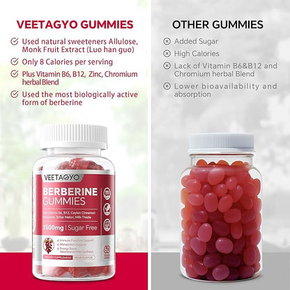 Berberine Supplement 1500mg,Sugar Free Berberine with Ceylon Cinnamon Gummies,Chromium,Turmeric, Fenugreek for Naturally Metabolism Balanced, Berberine HCl from Indian Barberry Extract, 120 Cts