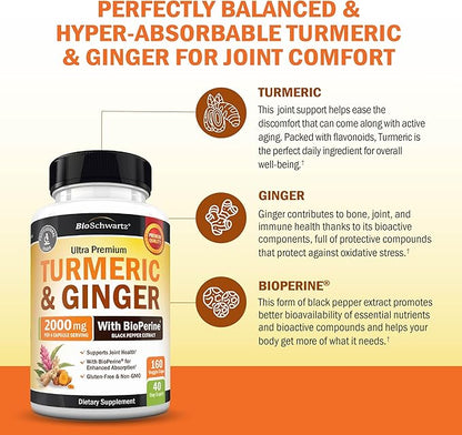 Turmeric and Ginger Supplement with BioPerine - Turmeric Curcumin with Black Pepper & Organic Ginger for Enhanced Absorption for Digestion Knee & Joint Support - Vegan & Non-GMO (40 Servings)