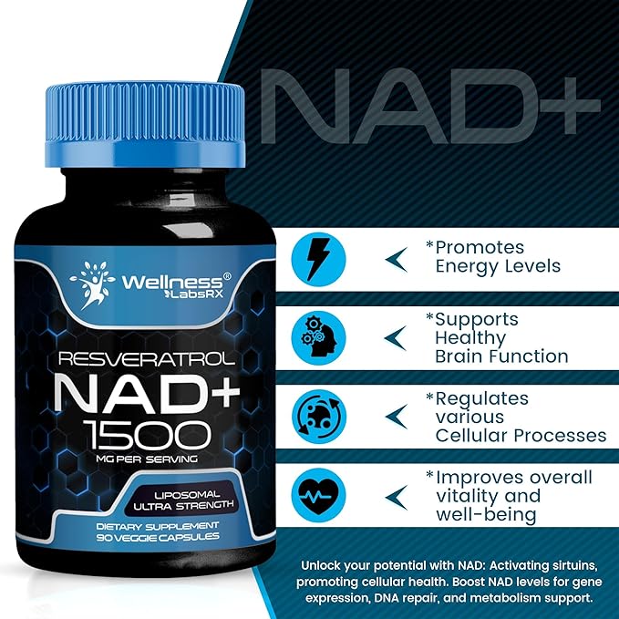 WELLNESS LABSRX Liposomal NAD Supplement, 1500mg - USA Made, NAD Resveratrol Supplement for Women and Men, NAD+ Support Cellular Health, Energy & Anti Aging - 90 Count