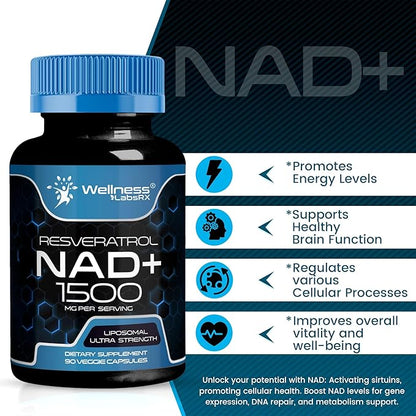 WELLNESS LABSRX Liposomal NAD Supplement, 1500mg - USA Made, NAD Resveratrol Supplement for Women and Men, NAD+ Support Cellular Health, Energy & Anti Aging - 90 Count