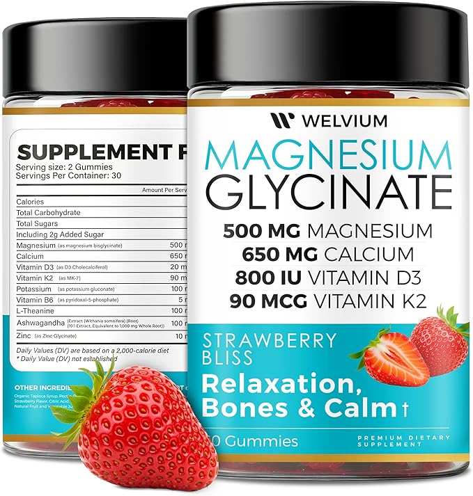 Magnesium Glycinate Gummies with Ashwagandha, L-Theanine - 500mg Magnesium Glycinate, D3, K2, B6, Calcium, Zinc, Potassium Supplement for Muscle, Immune and Bone Support, Chewable Magnesium