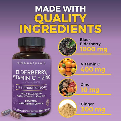 Viva Naturals Elderberry with Vitamin C and Zinc (120 Capsules) - 1000mg Sambucus Elderberry Immune Support Supplement, Black Elderberry Capsules for Adults, Elderberry Vitamins - 2 Months Supply