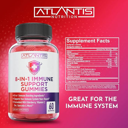 Atlantis Nutrition 8-in-1 Immune Support Gummies with Elderberry | Immune Supplement with Elderberry, Quercetin, Zinc, Vitamin C - Immunity Boosters for Adults & Kids - Delicious Flavor - 60 Count