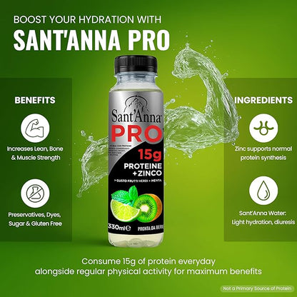 Sant'Anna PRO Functional Protein Drink – Green Fruits & Mint, 11.15 Fl Oz (12-Pack) | 15g Protein + Zinc | No Sugar | Clear Water | Crafted with Sant’Anna Alpine Water | BPA-Free | No Preservatives
