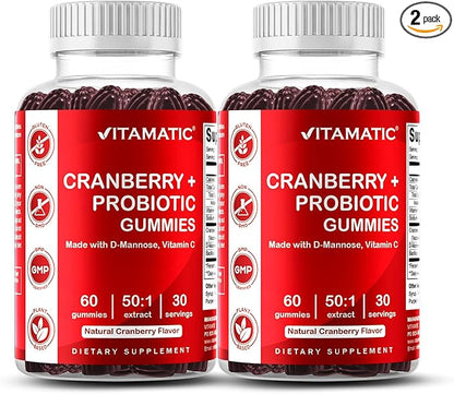 Vitamatic 2 Pack Cranberry Gummies with D-Mannose, Probiotics, Vitamin C – Plant-Based Botanical Extract – Vegan, Non-GMO – 60 Count