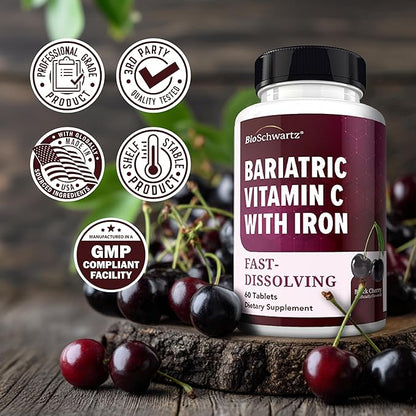 BioSchwartz Bariatric Vitamin C with Iron 45mg Chewable Tablets - 30 Servings, 60 Tablets - Sugar-Free, Fast-Dissolving Bariatric Iron Supplement for Women - Gentle on Stomach, Black Cherry Flavored