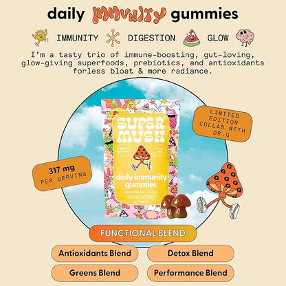 SuperMush Dr. G Daily Greens Gummies - Lion’s Mane, Spirulina, Chlorella, Ashwagandha, Prebiotics & Vitamins C, D, Zinc - Sugar Free Greens Gummies for Immunity, Gut Health & Radiance - Vegan 60 Ct